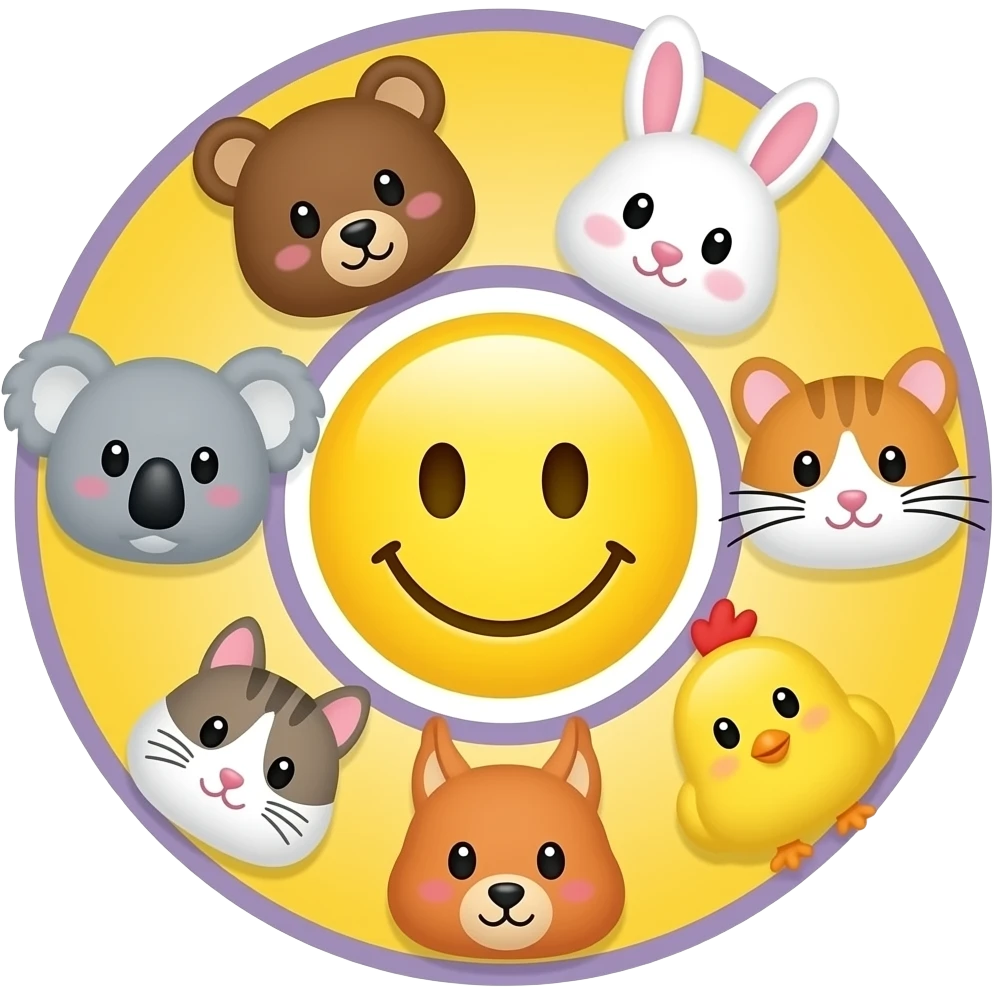 Same as this design, Yellow Smiley in the centre,with space to write, circle form ,serrounded by the head only of these 7 symbols: 🐻🐰🐨🐈🐹🐿🐥 Small size. Bright yellow background instead of red, lighter purple outlines emoji