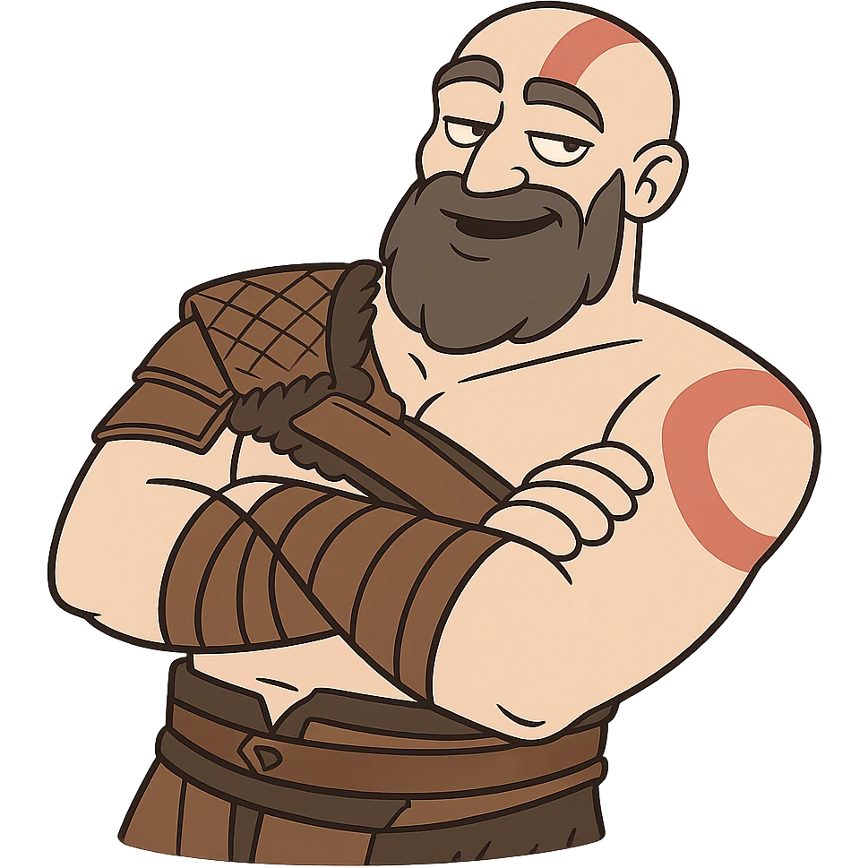 Kratos from God of War, looking relaxed and chill, leaning back with arms crossed, cartoon style emoji