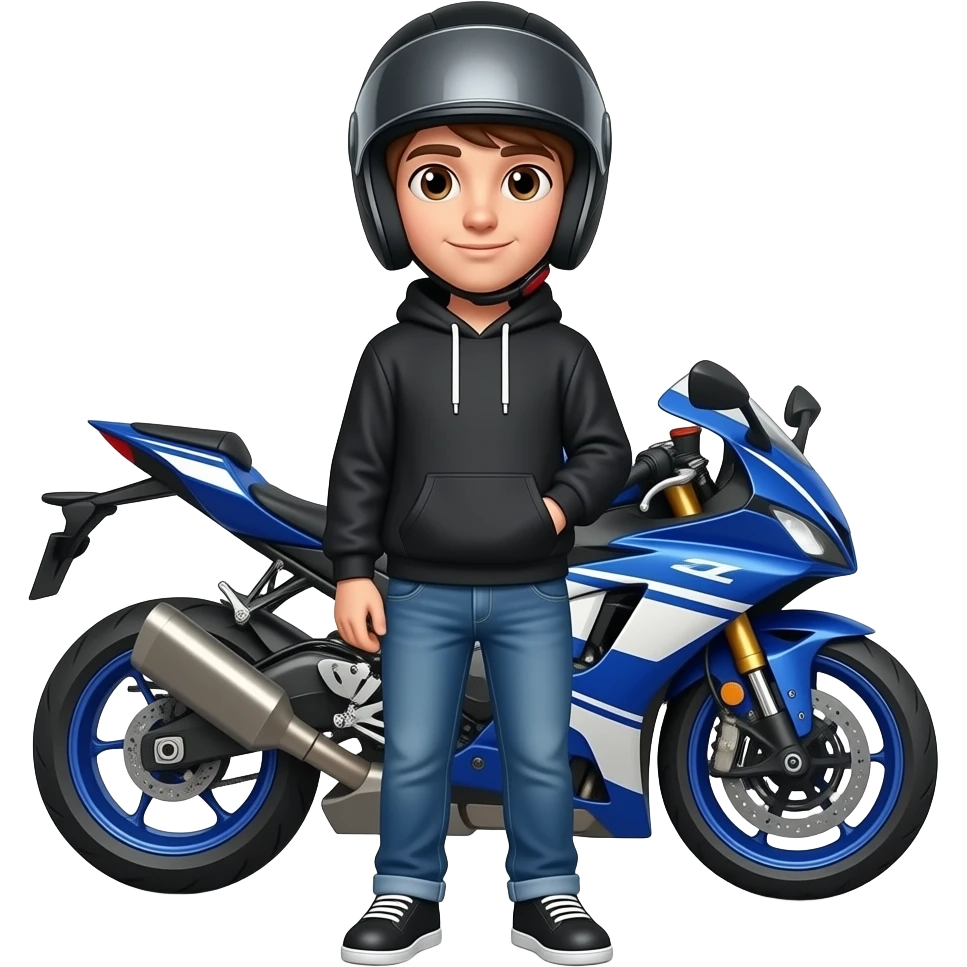 young man with blue jeans and a black hoodie wearing a black motorcycle helmet and in front of him is standing a blue white motorcycle emoji