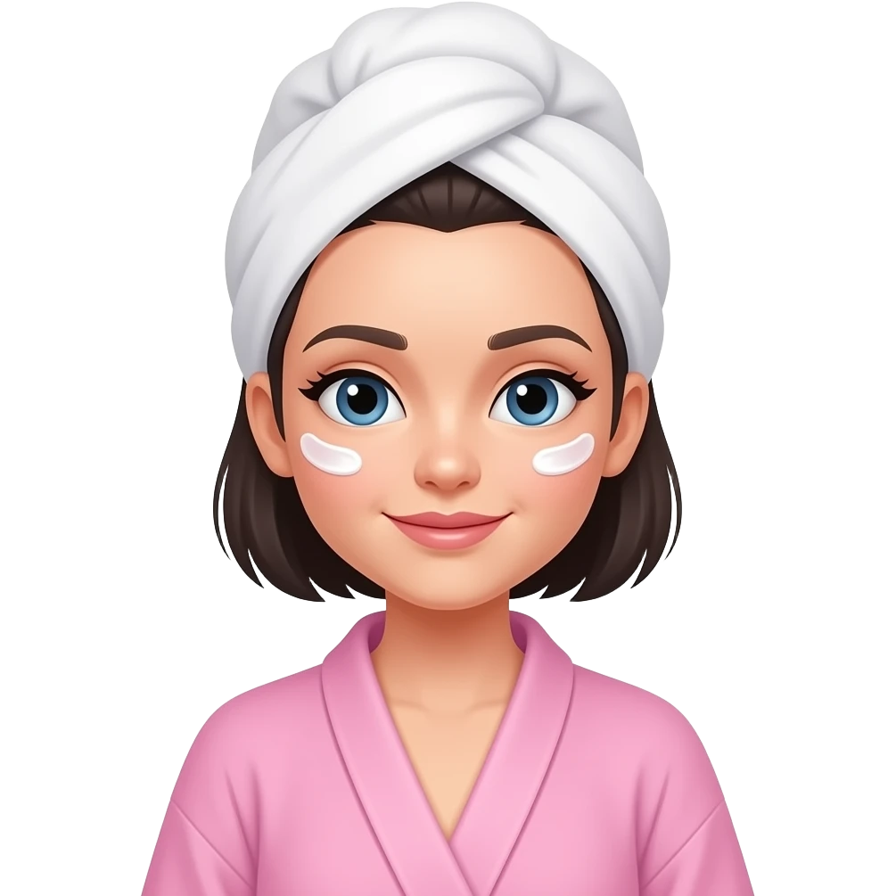 chica de cabello oscuro y corto, sin accesorios, con bata rosada y toalla en toda la cabeza, aplicandose una crema en todo el rostro emoji