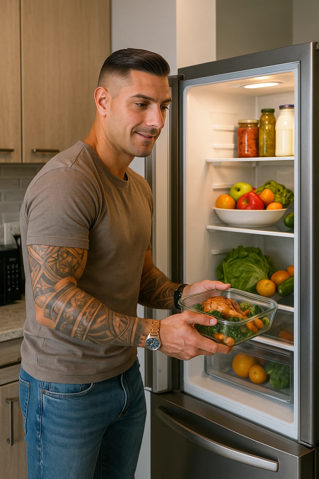 Uomo che mette nel frigo il suo pasto cucinato emoji