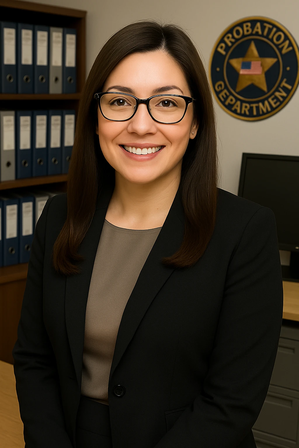 Edit the image to make the female probation department administrative services manager smile. Keep her long brown hair, brown eyes, and dark framed glasses. She should be in professional attire and the setting should remain an office. Focus on an upper body portrait style, maintaining a professional and approachable look. emoji