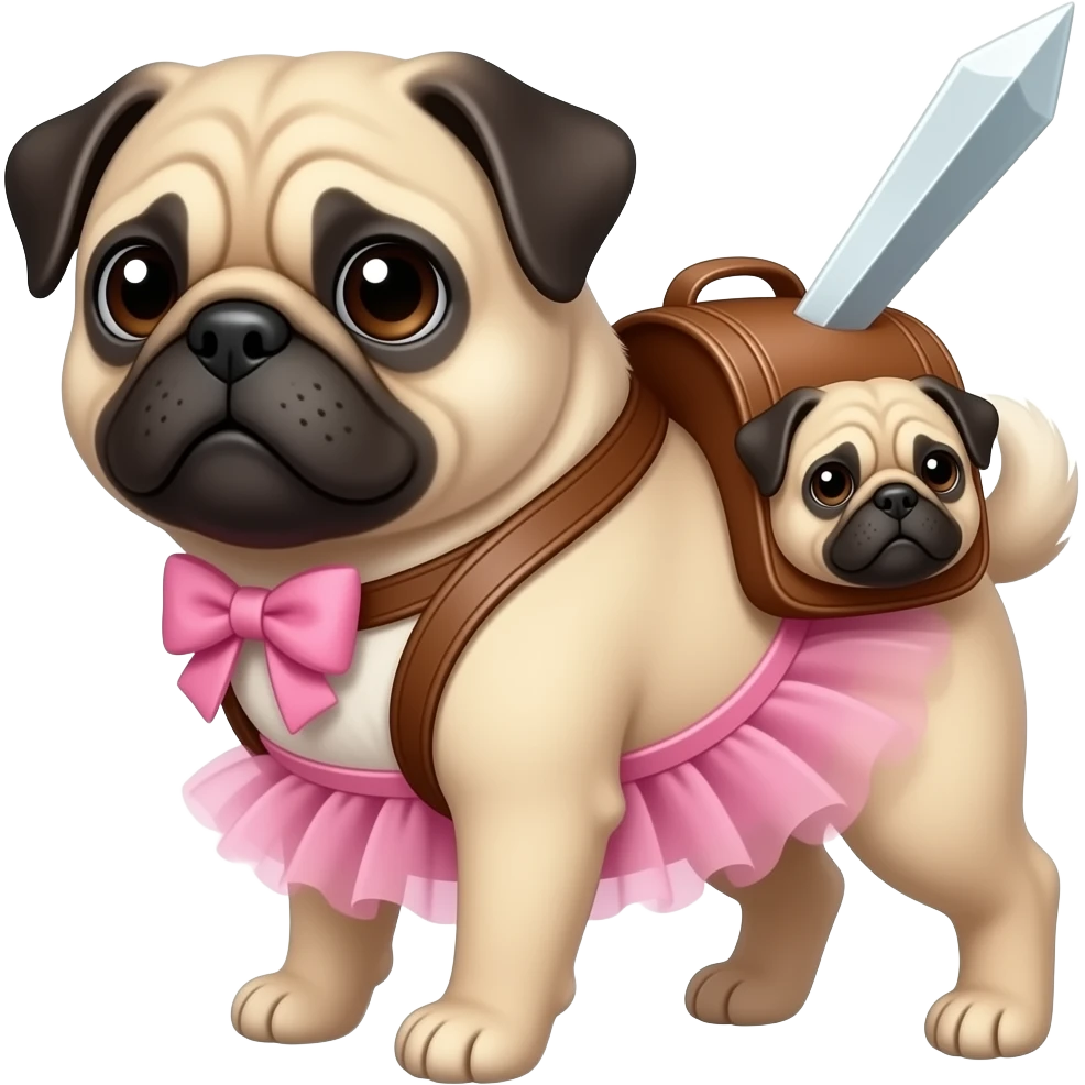 Pug com um tutu rosa  com um mochilas com  formato de pug é um espada  dentro emoji