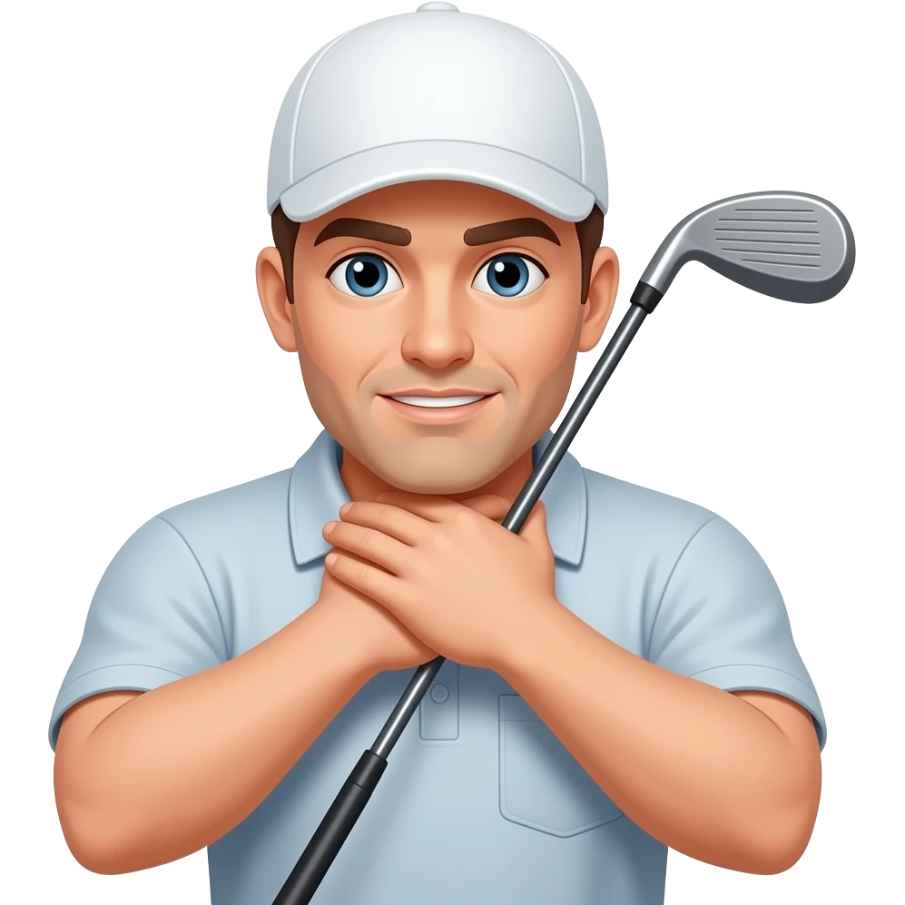 Man holding his neck choking  white golf hatwith two hands golf club emoji