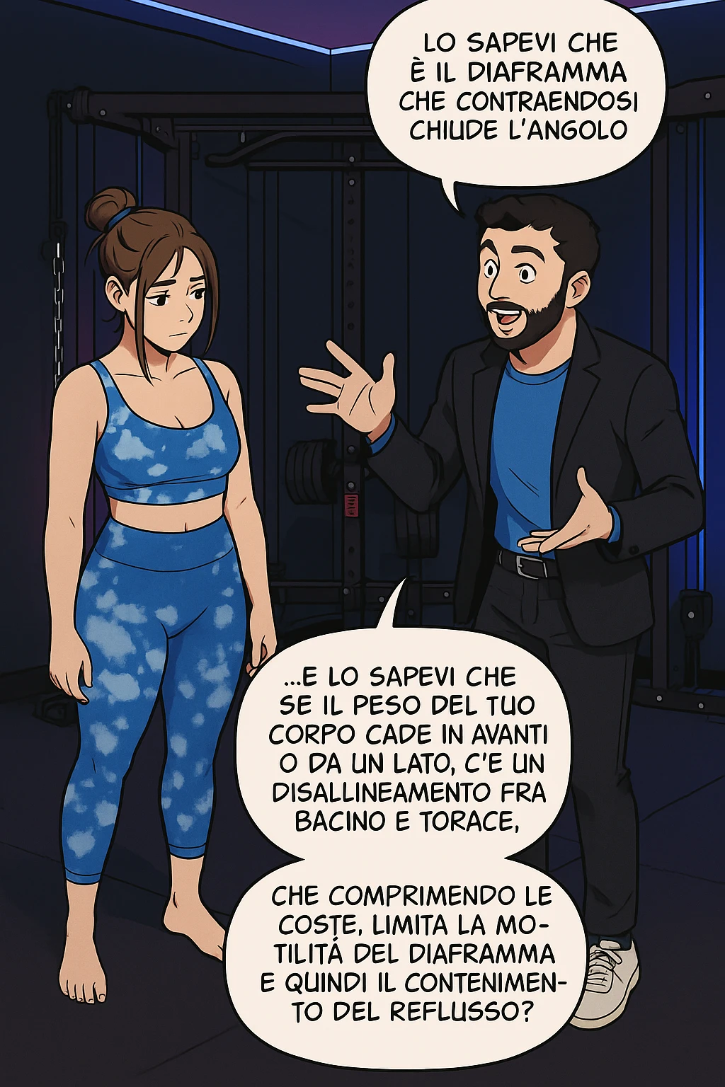TRASFORMA QUESTO CAROSELLO IN UN FUMETTO STILE WEBTOON/MANGA A COLORI CON QUESTE DUE PERSONE IDENTICHE CHE INTERLOQUISCONO TRA LORO, L'uomo sta spiegando alla donna questo concetto:

LUI (UOMO): Hai controllato diaframma e baricentro corporeo?
LUI (UOMO): Lo sapevi che è il diaframma che contraendosi chiude l’angolo his fra stomaco ed esofago, contenendo la risalita degli acidi grassi?
LUI (UOMO): …e lo sapevi che se il peso del tuo corpo cade in avanti o da un lato, c’è un disallineamento fra bacino e torace, che comprimendo le coste, limita la motilità del diaframma e quindi il contenimento del reflusso? emoji