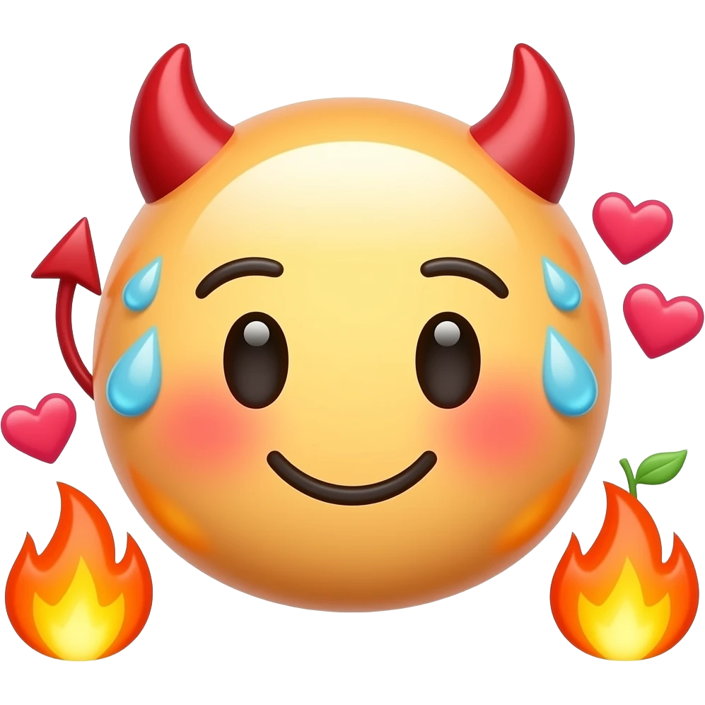 A glossy 3D peach emoji sticker between two cute cartoon hands, cheeky blushing face, tiny devil horns, sweat drops, hearts and flames, playful forbidden fruit humor, suggestive adult emoji style, clean transparent background, soft shadow, high quality, no text, no watermark, non-explicit emoji