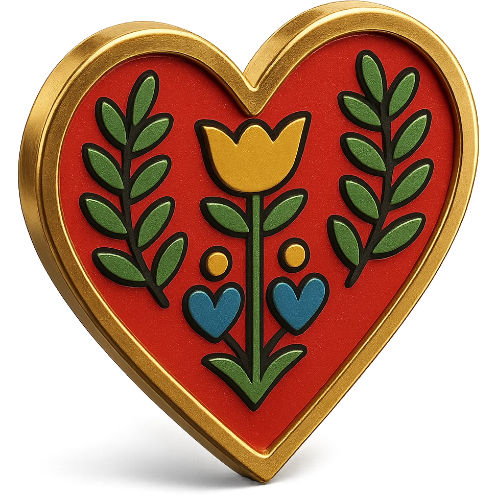 Emboss the gold border around the red heart, making it appear raised and metallic, while preserving the simple Scandinavian folk art illustration style, transparent background, and all other details unchanged. emoji