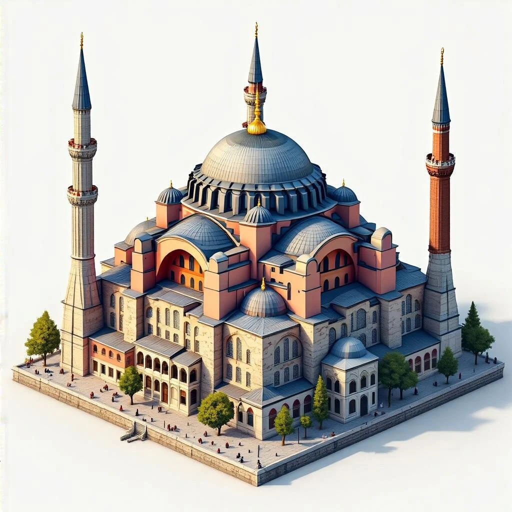 Isometric illustration of Istanbul, featuring photorealistic of Hagia Sophia in Istanbul central dome with four minarets, subtle stone textures, soft lighting and shadows, semi-realistic and stylized miniature look, transparent background. emoji