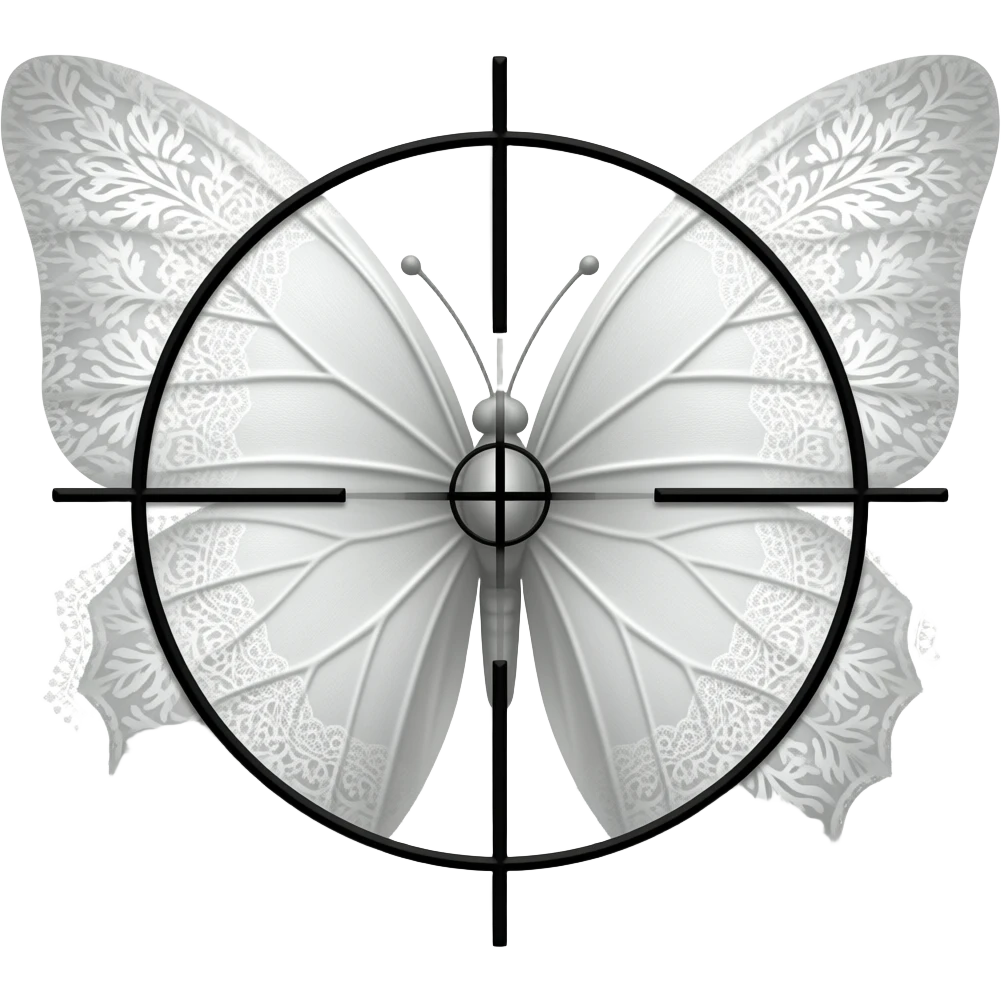 subtle elegant white butterfly, 3D emoji gothic butterfly, white velvet, white filigree, white lace trim, black sniper crosshair overlay emoji