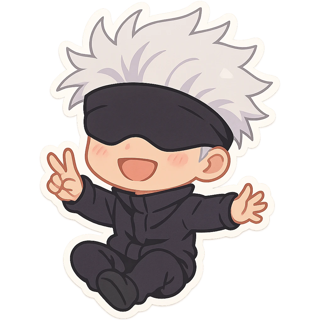 Gojo Satoru from Jujutsu Kaisen, chibi style, white hair, blindfold, playful pose emoji