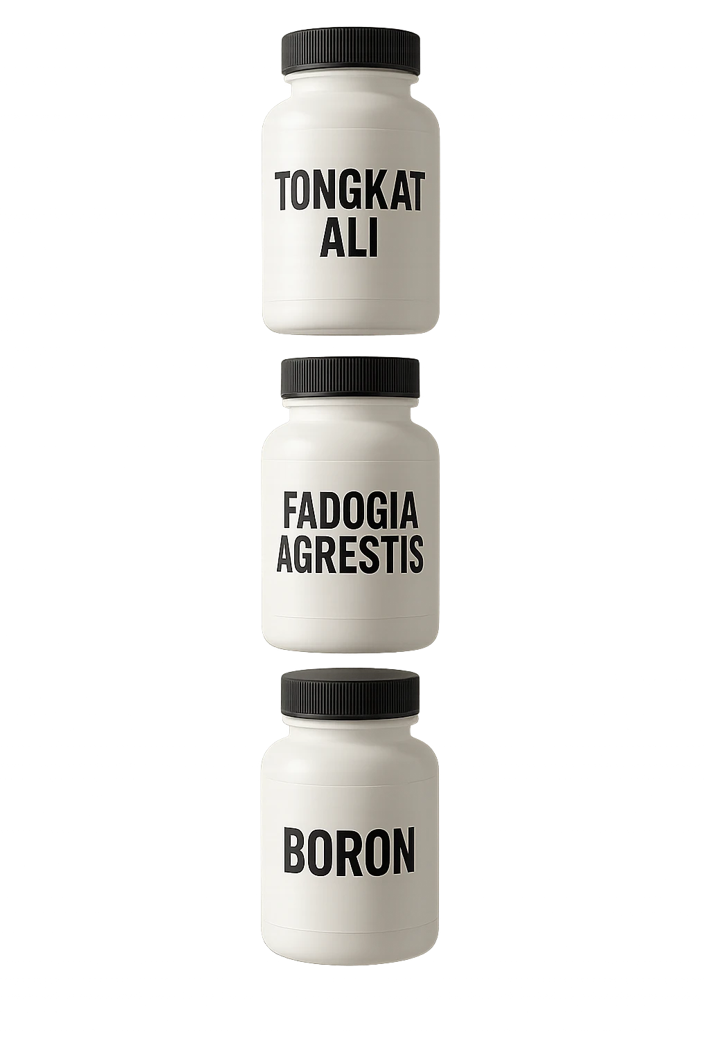 4 boccette di integratore: Tongkat Ali, Fadogia Agrestis, Boron e Zinco fluttuano in aria verticalmente emoji