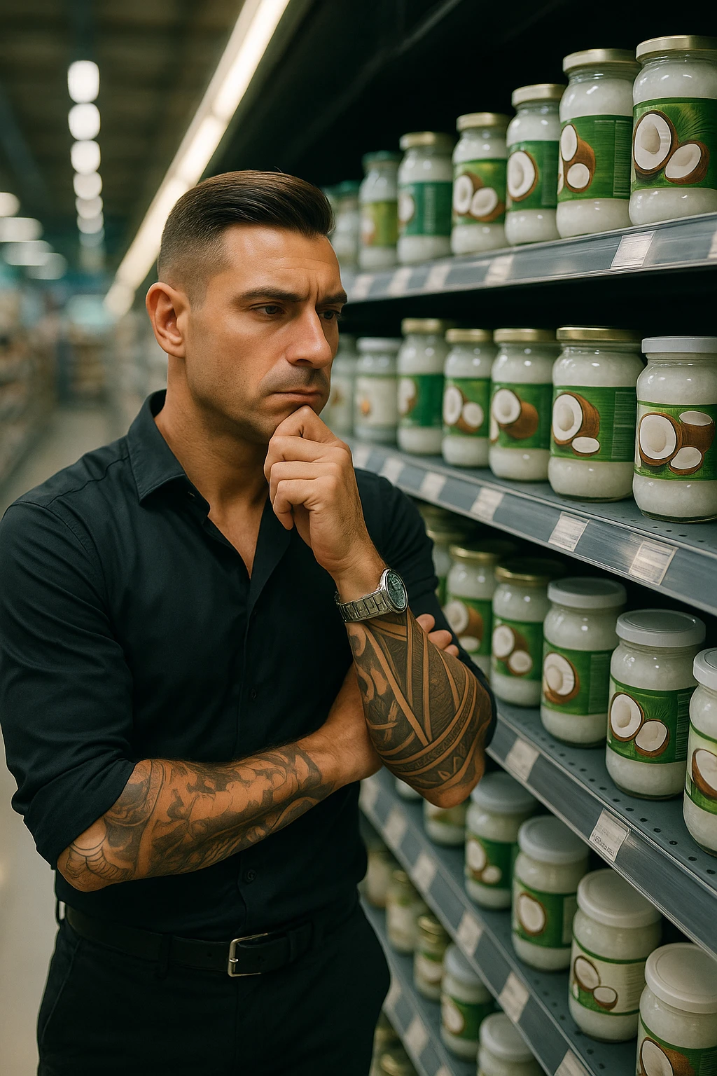 Create a realistic and cinematic vertical 2:3 image of a man with the facial features of the reference photo. He is looking thoughtfully at many different brands of coconut oil on supermarket shelves. The atmosphere is bright and reflective. No text in the image. emoji