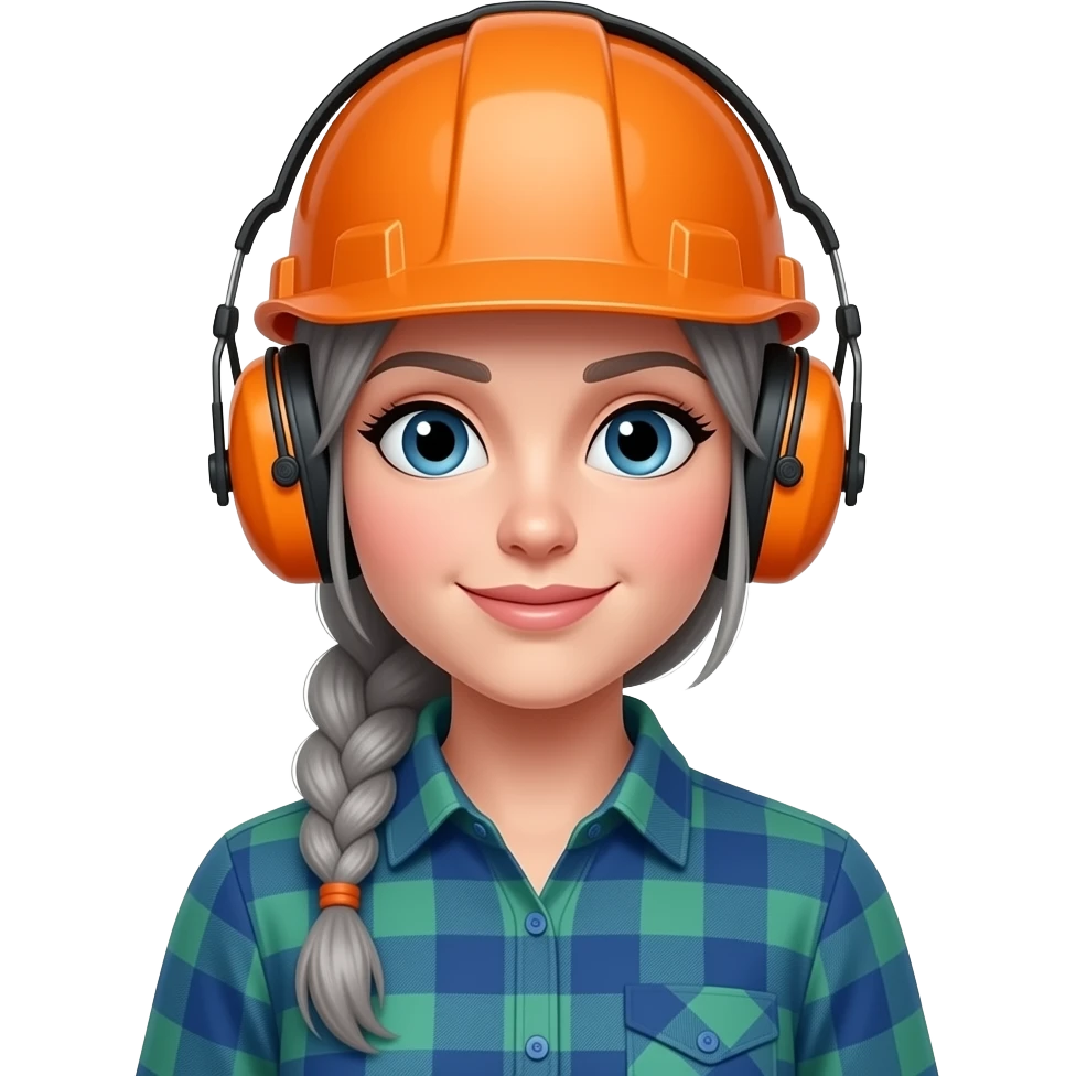 female lumberjack with braided grey hair with orange hardhat with hearing protection ear muffs and blue and green plaid button up shirt emoji