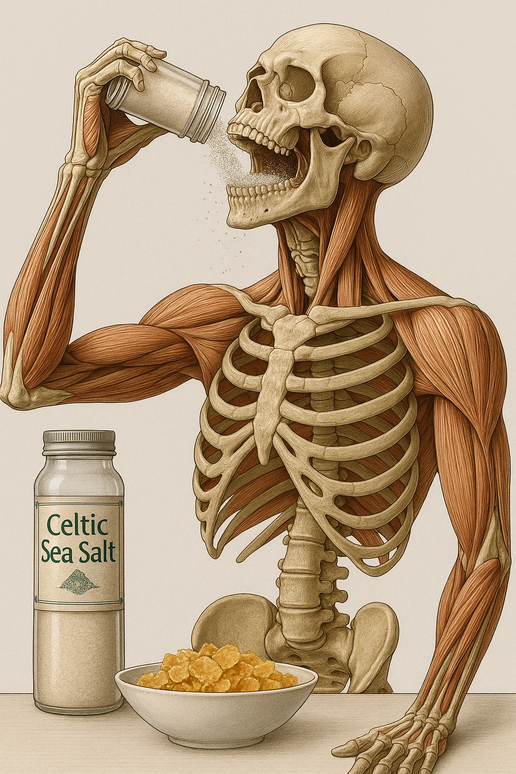 Create a vertical hyperrealistic 4K medical illustration in the style of the reference image. Depict an anatomically correct human body eating Celtic salt from a clearly labeled jar, breakfast context. The background should be neutral and clear, with extreme detail and vertical format. Maintain the ultra-detailed medical illustration style as in the reference. emoji