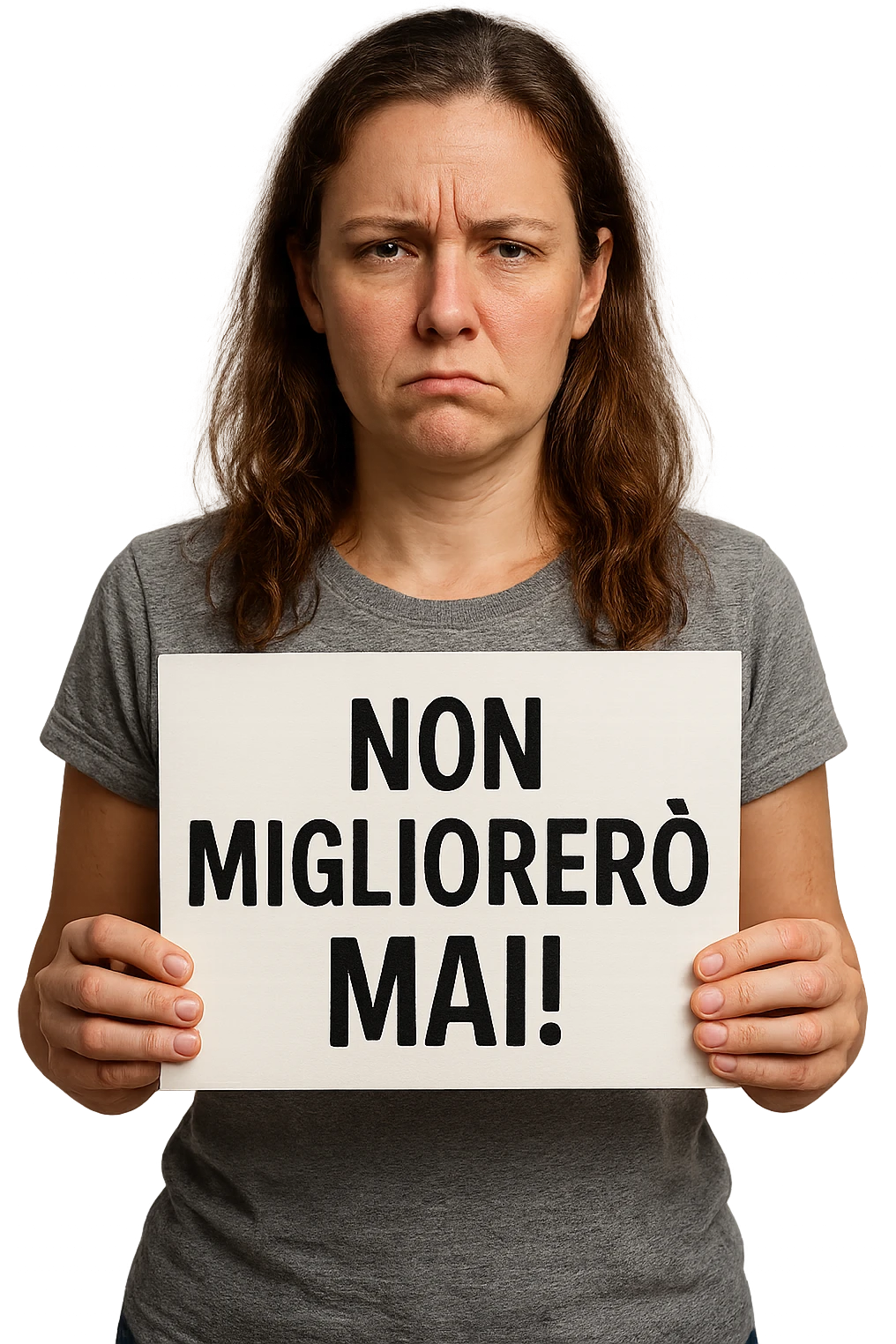 DONNA CHE TIENE UN CARTELLO IN MANO CON LA SCRITTA "NON MIGLIORERò MAI!", iperrealistico 4k emoji