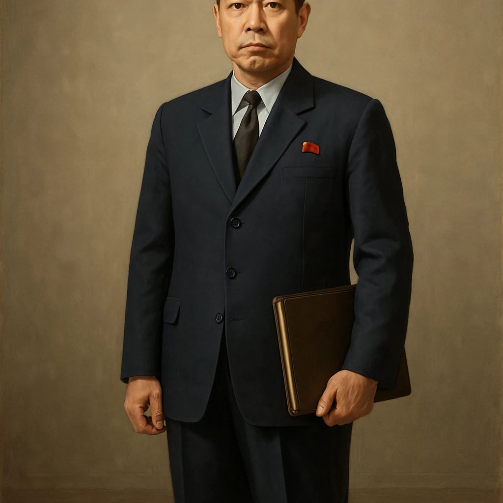 Official portrait of a North Korean man, head of the hull production workshop at a shipyard, serious and formal style, dark suit, neutral background, confident and focused expression, style inspired by Soviet and North Korean official portraits, full body, not cropped emoji