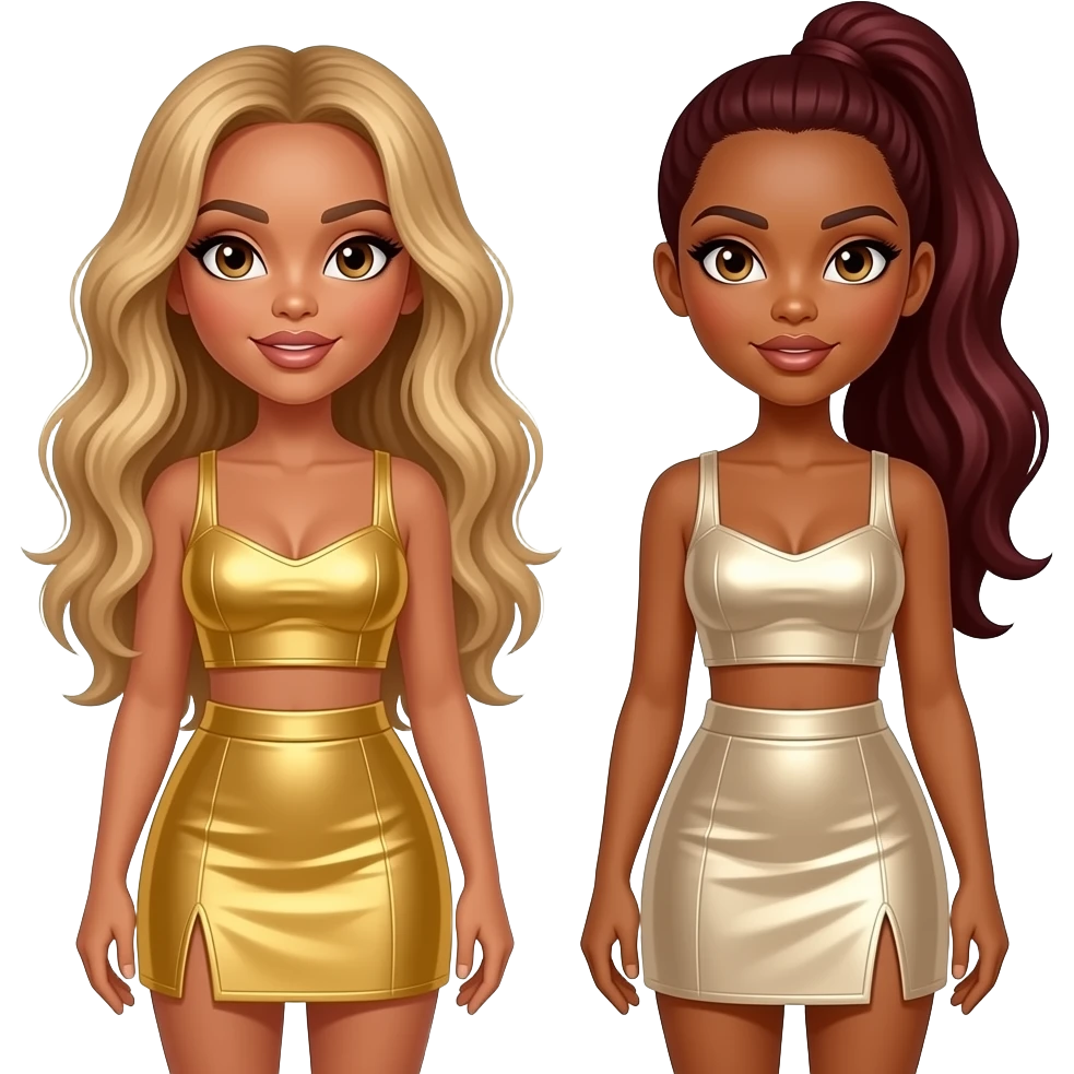 Destiny's Child with Beyonce with hazel eyes,long blonde hair, gold crop top and skirt, LaTavia with brown skin and eyes, dark red ponytail hair, ivory metallic crop top and skirt emoji