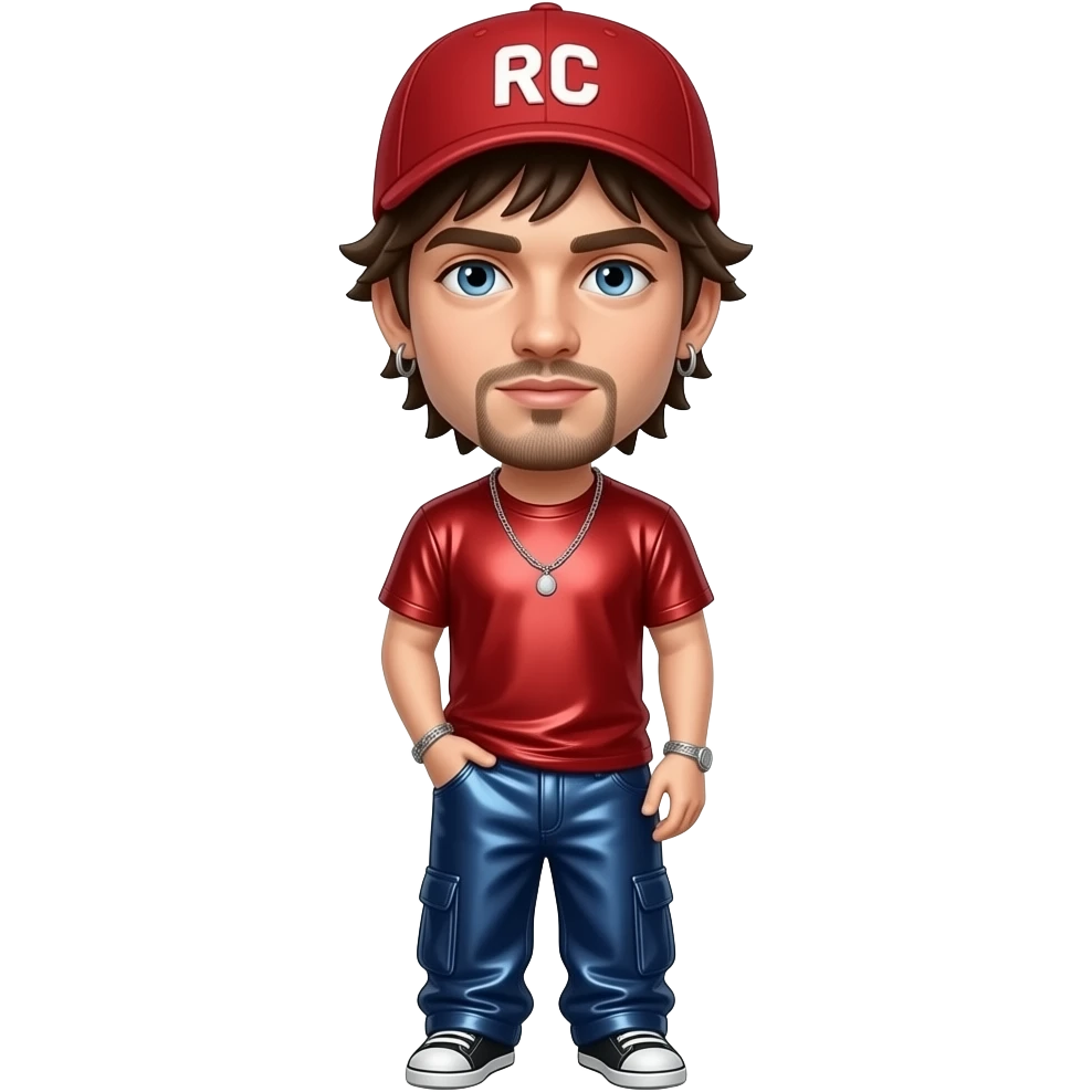 Fred Durst with blue eyes, brown short hair, red cap, red metallic t-shirt, dark blue metallic baggy pants, silver necklace and earrings emoji