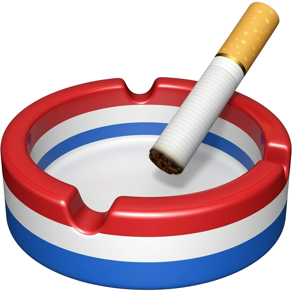 A red white and blue ashtray with cigarette emoji