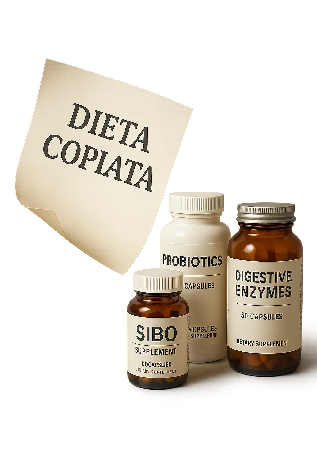 FOGLIO DI CARTA FLUTTUA IN ARIA CON LA SCRITTA "DIETA COPIATA", INSIEME A BARATTOLI DI INTEGRATORI PER CURARE IL SIBO, IPERREALISTICO 4K, NON DISEGNATO emoji