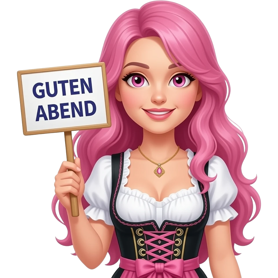sexy girl with long pink hair and pink eyes wearing a dirndl holding a GUTEN ABEND sign emoji