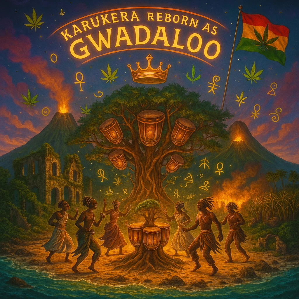 Create a powerful, surreal vision of the Caribbean island Guadeloupe, reimagined as ‘Gwadaloo’ — its sacred, sovereign identity restored. The island is lush, tropical, and volcanic, with two green volcanoes glowing golden at the peaks. In the center stands a giant mystical Drum Tree, its branches bearing carved drums instead of fruit, glowing with rhythmic light. Ancestral spirits of African and indigenous lineage dance in a circle around the tree, surrounded by floating ganja leaves and sacred symbols. Sugarcane fields burn gently in the background, symbolizing the end of colonial suffering. Ruins of colonial buildings crumble into the earth, reclaimed by vines and jungle. Above the island, a glowing banner in the sky reads: ‘Karukera reborn as Gwadaloo.’ A ganja-leaf flag waves high in red, green, and gold, and a golden Creole crown floats in the sky above the island — not worn by any man, but held in rhythm. The ocean is turquoise, the light is divine, and the entire scene radiates spiritual victory, cultural remembrance, and cosmic rhythm. Use a warm, cinematic palette of golds, greens, blues, and purples. Style should feel epic, sacred, and symbolic — a rebirth of Caribbean power. emoji