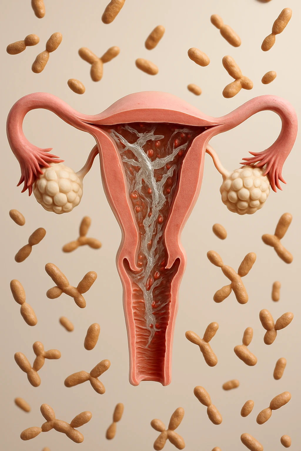 utero umano realistico con batteri della candida intorno, la foto si deve vedere per intero in formato verticale, sullo sfondo neutro chiaro ci sono batteri della candida, iperrealistico 4k emoji