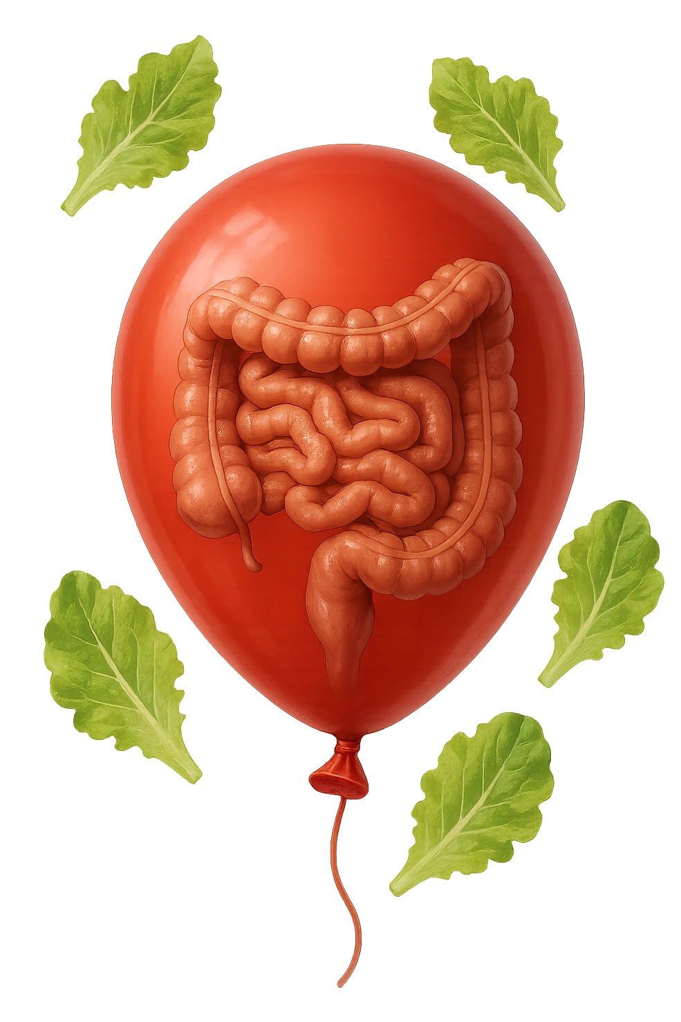 intestino chiuso in un palloncino rosso e foglie di insalata che fluttuano intorno emoji