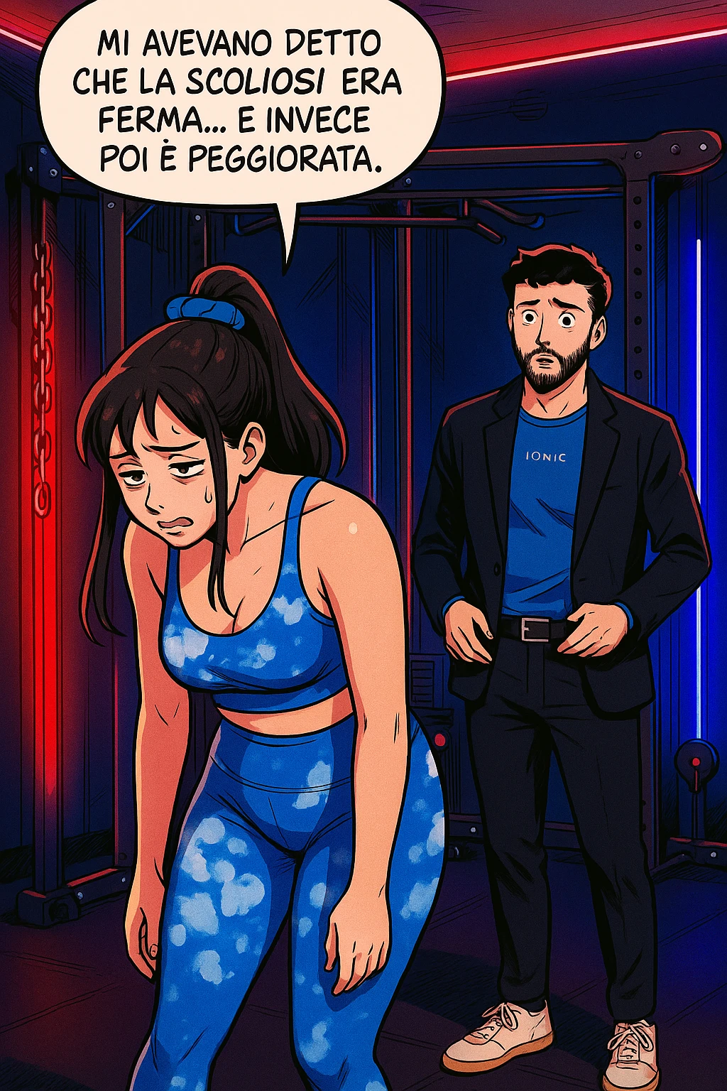 fai questa immagine in versione fumetto/manga/webtoon a colori, il manga mostra la donna disperata con un fumetto sulla testa che dice:
Mi avevano detto che la scoliosi era ferma… e invece poi è peggiorata.
 emoji