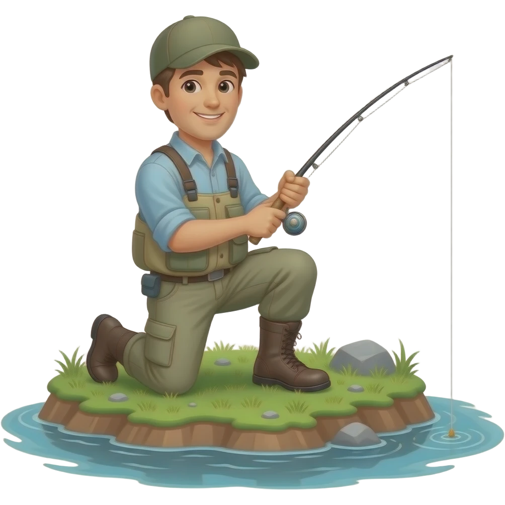 a guy fly fishing on his knees on an island into a river emoji