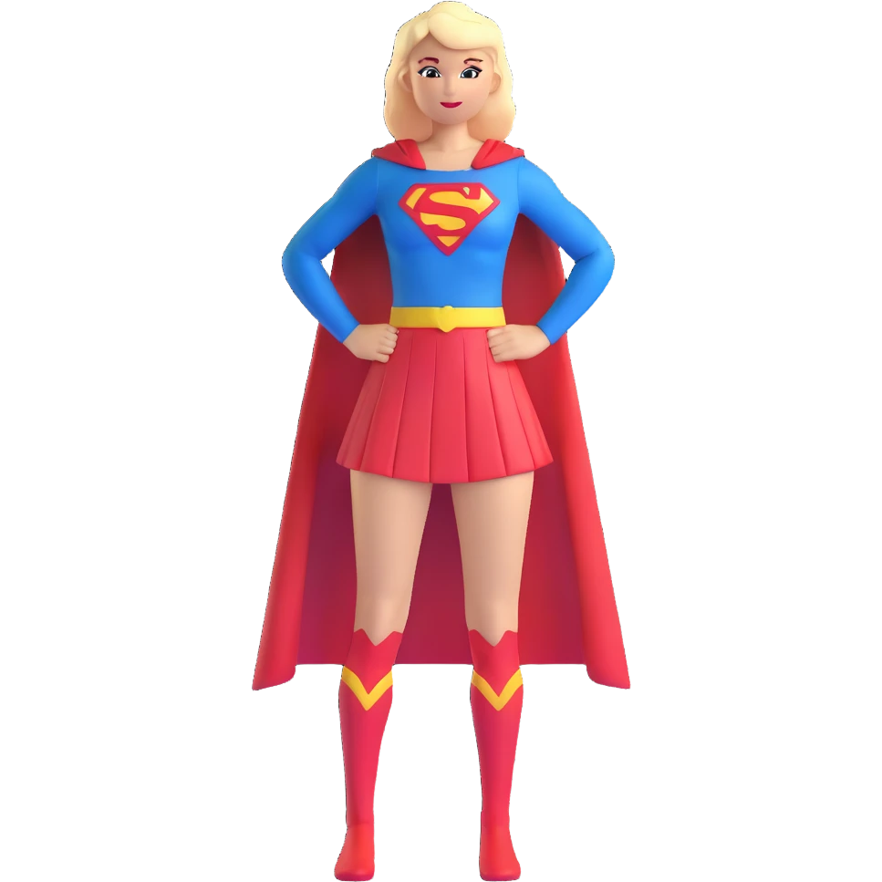 Supergirl superhero full body, blue tights costume with red skirt, red cape and S emblem emoji