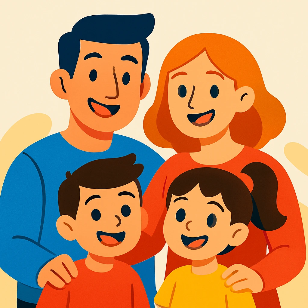 a family in a modern cartoon style, vibrant colors, smiling faces emoji