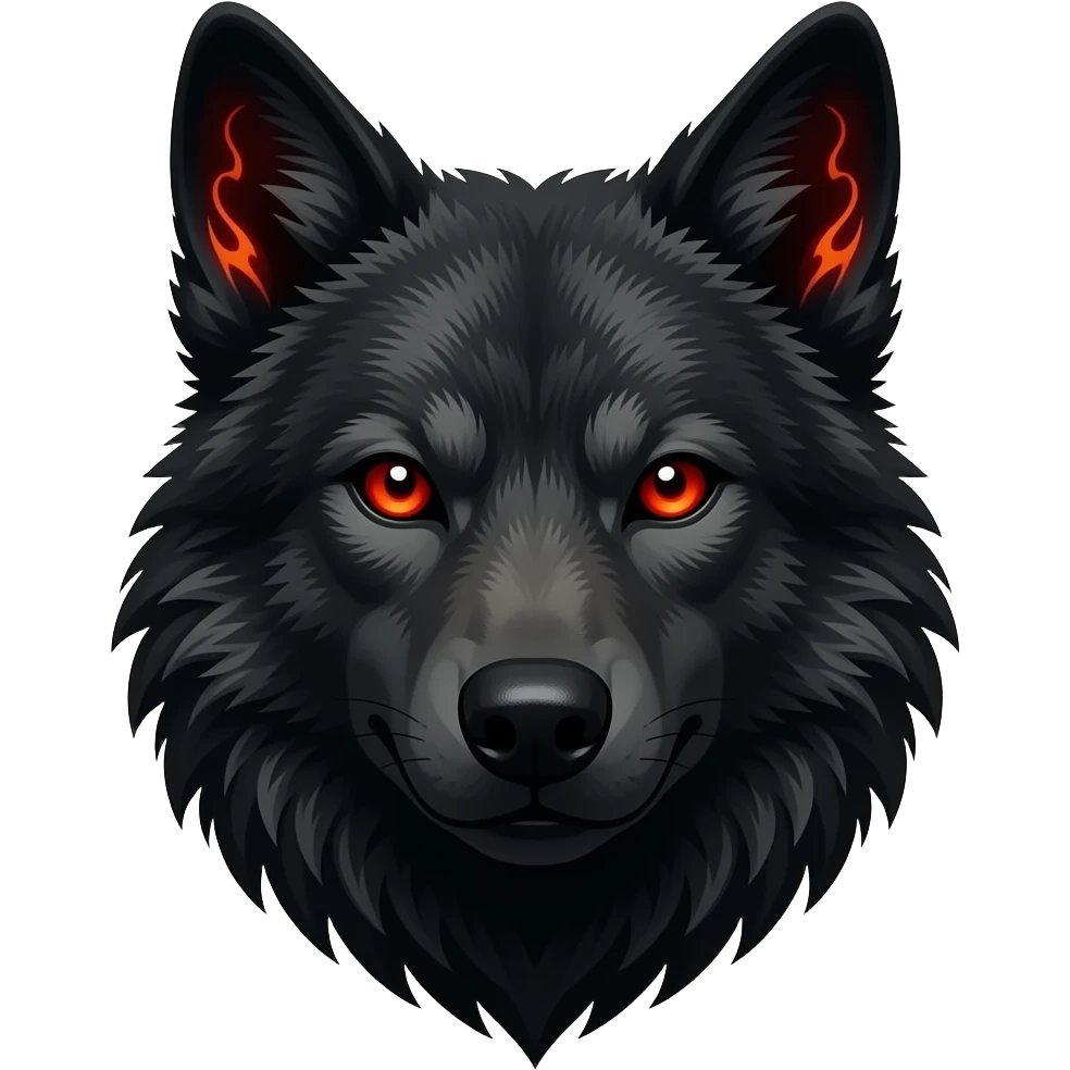 Dark and black realistic Sinister hellhound wolf head with fiery red eyes. Fantasy emoji