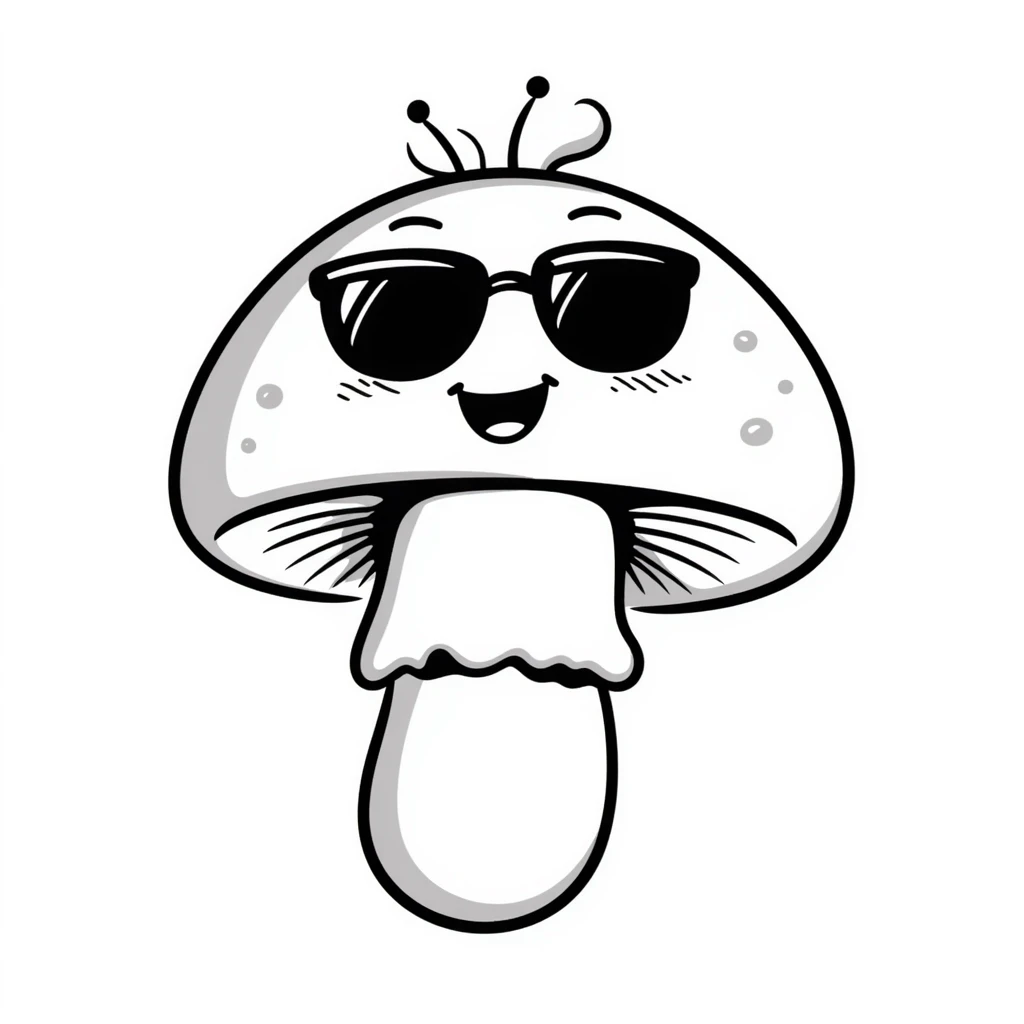 mushroom with sunglasses and a smile, hand drawn doodle style emoji