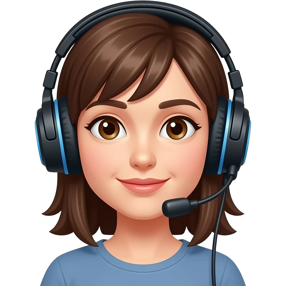 casque jeux , femme, cheveux mi-long, brune, emoji