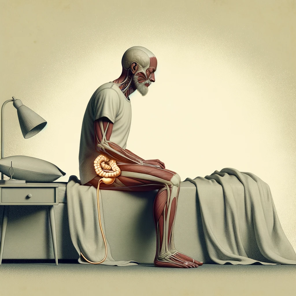 CORPO UMANO ANATOMICO SEDUTO NEL LETTO CHE NON RIESCE A DORMIRE, VESCICA ANATOMICA IN EVIDENZA, IPERREALISTICO SFONDO CHIARO NEUTRO emoji