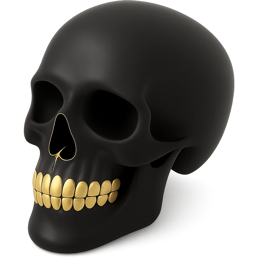 Add gold teeth to the 3d matte black skull, keep the minimalist modern aesthetic, with no background. emoji
