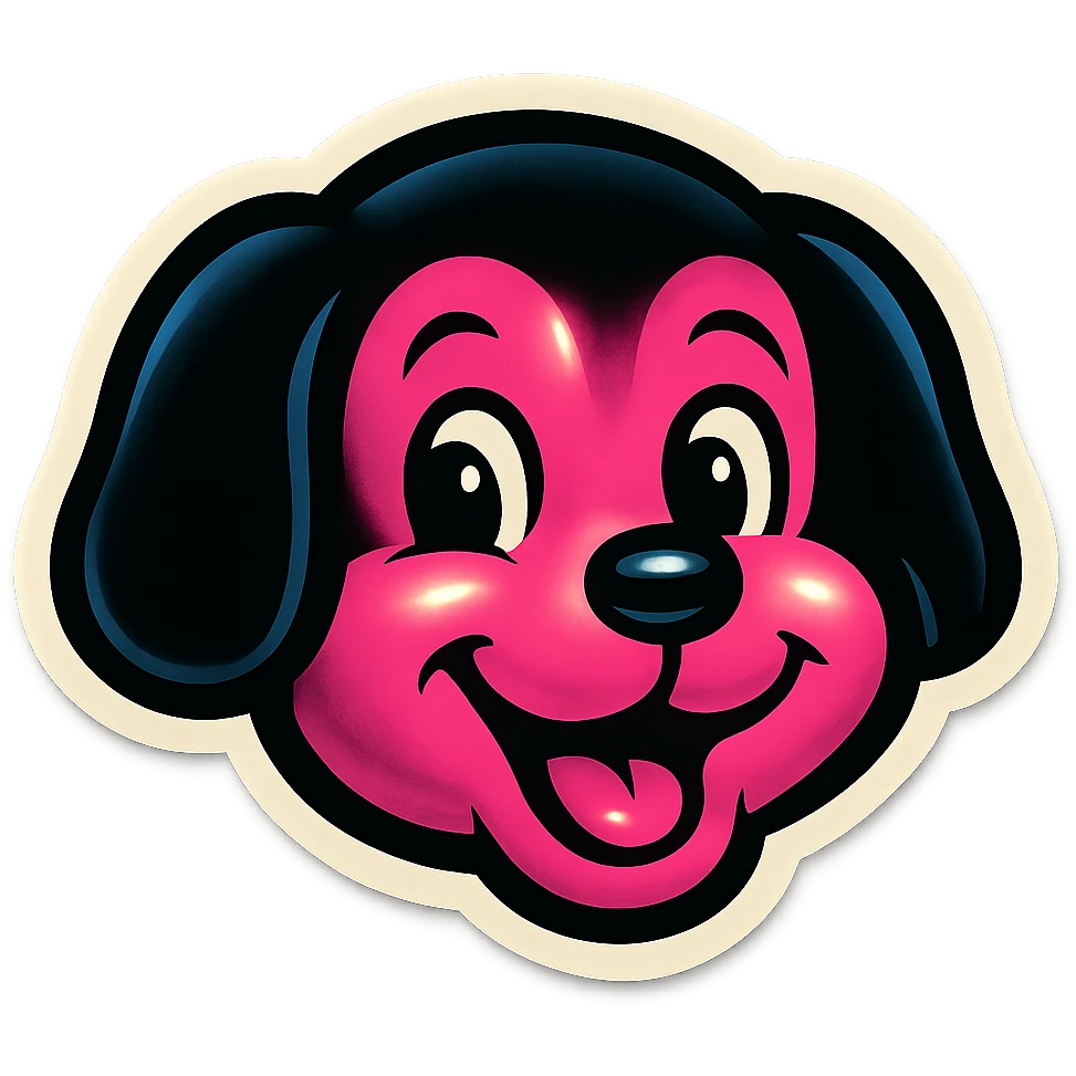 black and pink puppy face, cheerful and fun, vintage sticker look emoji