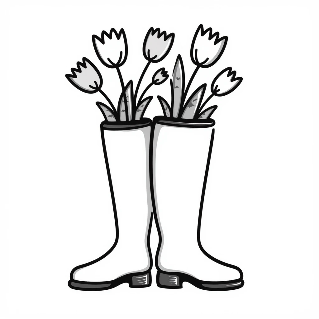 Rubber rain boots/wellington boots with tulip flowers sticking out from the top, in pastel colors (dd9fb0, ffc6d3, a3bfc9, c4bee2, f1b091), hand-drawn doodle style emoji