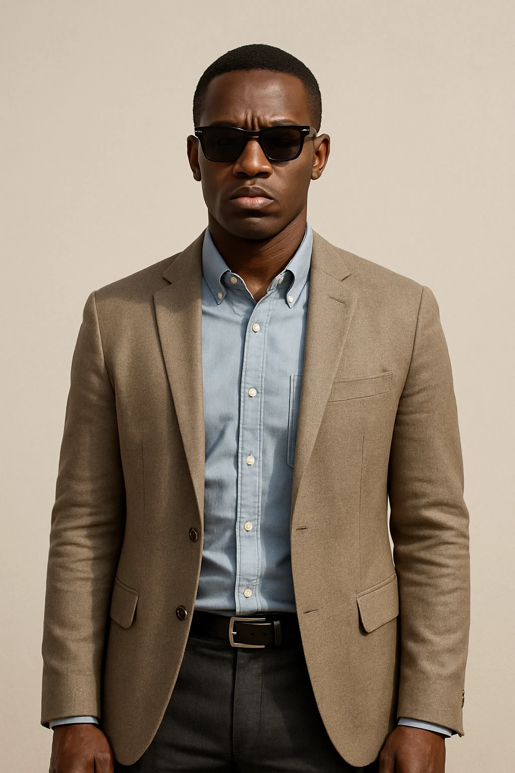 black man with sunglasses, serious expression, business casual, neutral background emoji