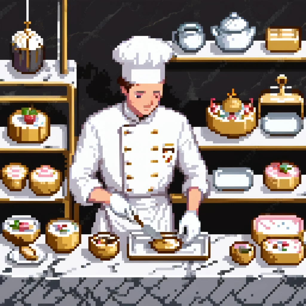 Ein eleganter Bäcker in weißer Uniform, arbeitet auf einer Marmorplatte mit Porzellanformen und goldverzierten Utensilien. Die Umgebung erinnert an eine klassische französische Patisserie. Interface wirkt wie graviertes Porzellan mit filigranen Mustern.
 emoji