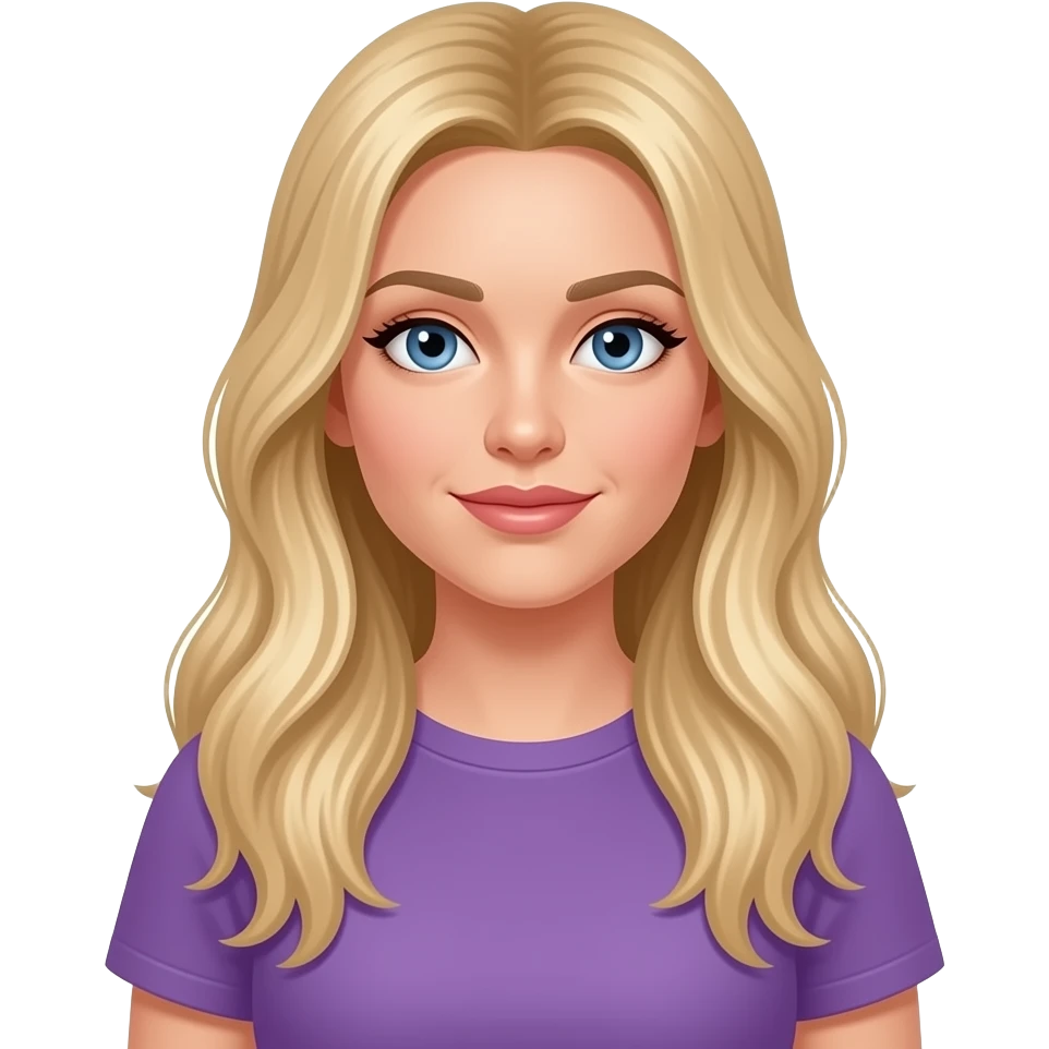 Can you make a blonde woman with long hair and blue eyes in her 30s with hair parted in the middle wearing a purple t shirt emoji