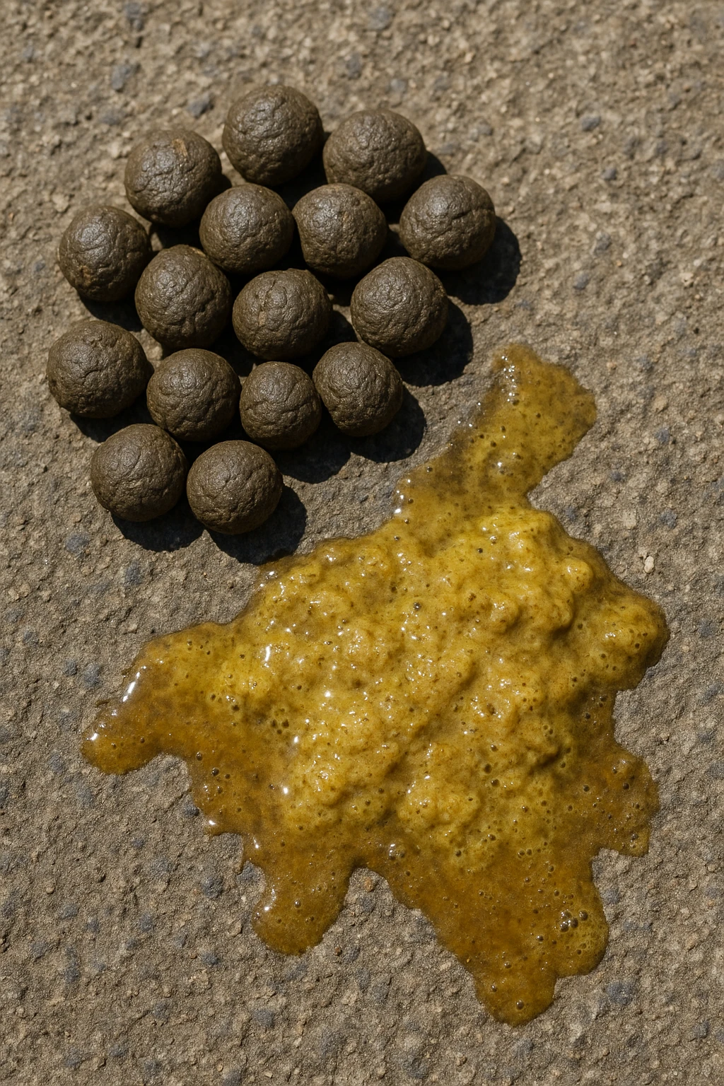 feci di animale a palline viste dall'alto e feci di animale liquide e gialline viste dall'alto, iperrealistico 4k emoji