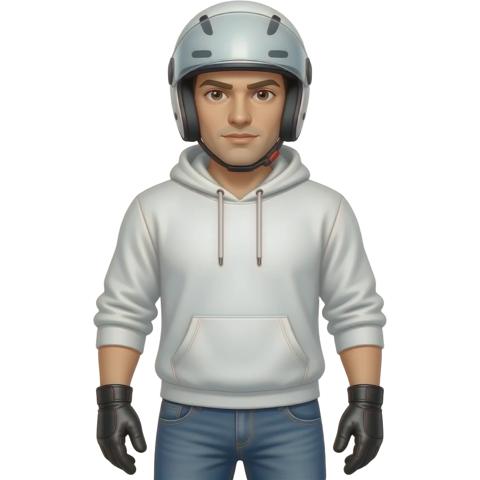 man wearing blue jeans, a white hoodie, black leather gloves, a white helmet with a face shield emoji