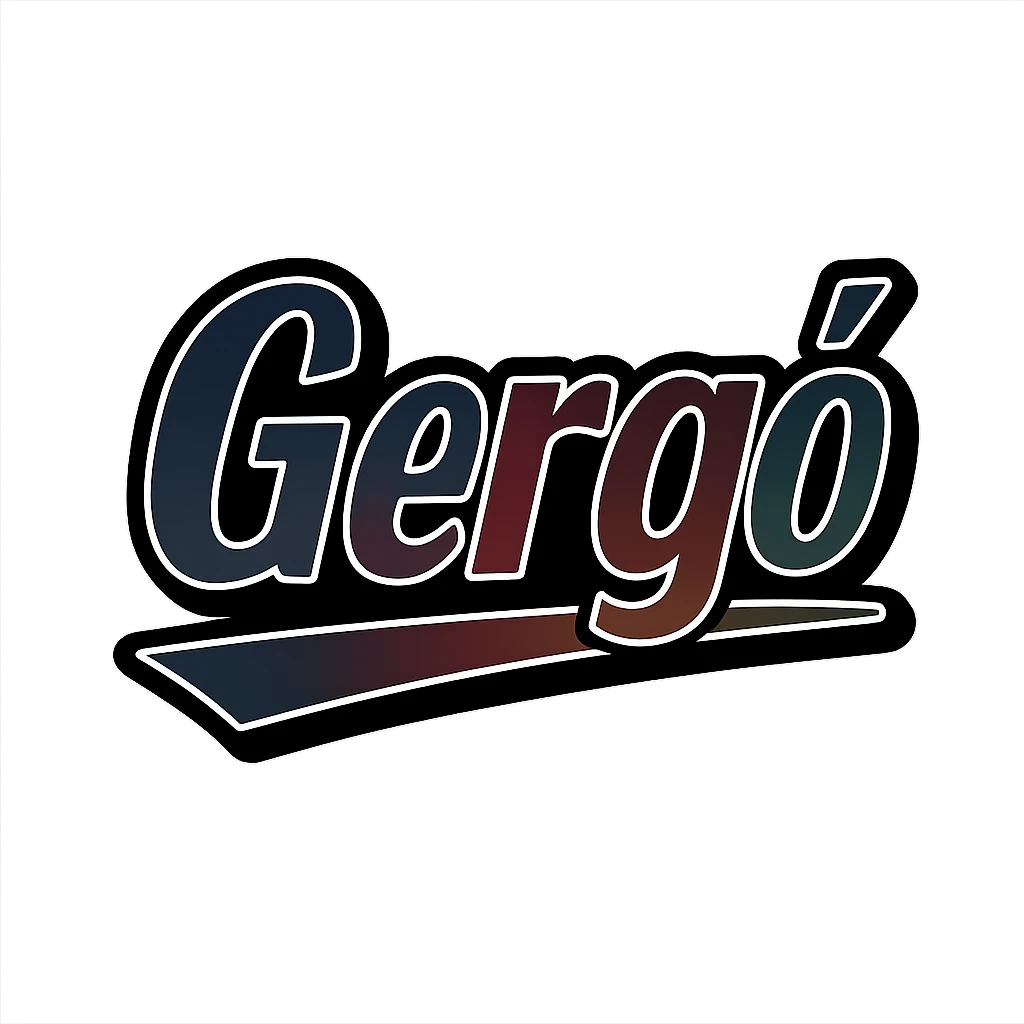 Gergő name with long ő letter in masculine, modern gradient font with dark contour, prominent and clearly visible white border like the sample image, dynamic slanted underline, masculine color shades including blue, gray, burgundy, green, brown, 1000x1000 px, PNG, transparent background, in the style of the uploaded sample. emoji