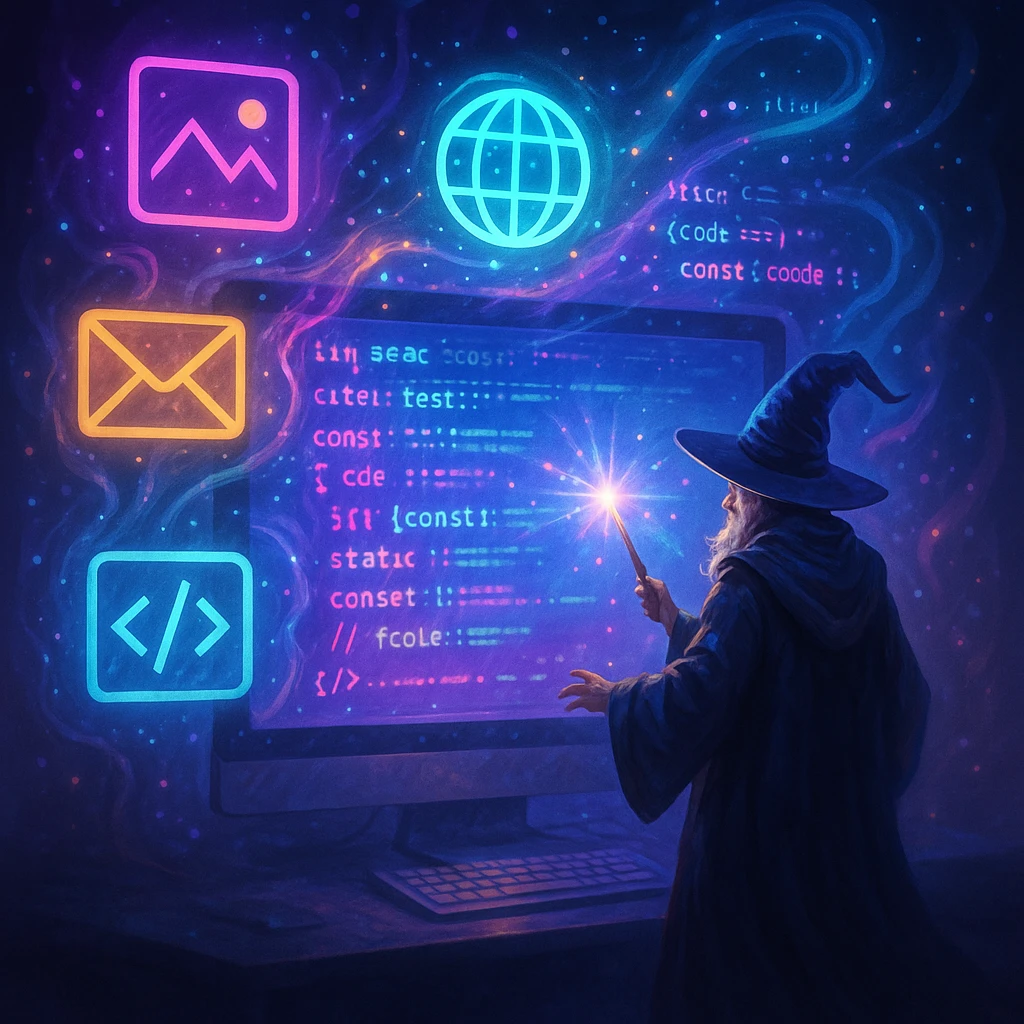 A wizard standing in front of a giant glowing monitor, conjuring website icons and code with a wand, mystical and techy atmosphere, glowing effects, futuristic fantasy emoji