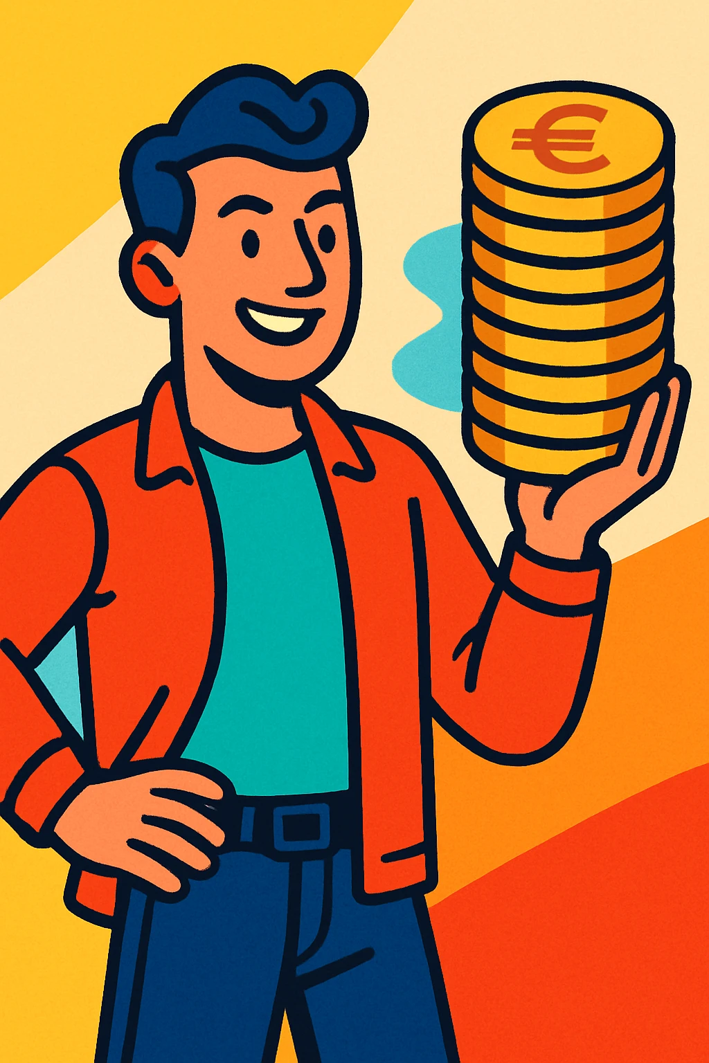 a modern man confidently holding a stack of euro coins, representing excellent money habits, vibrant contemporary style emoji
