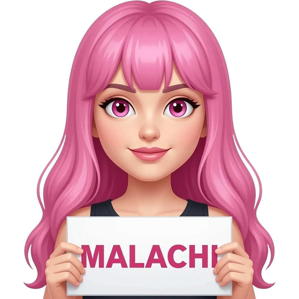 sexy girl with long pink hair and pink eyes holding a MALACHI sign emoji