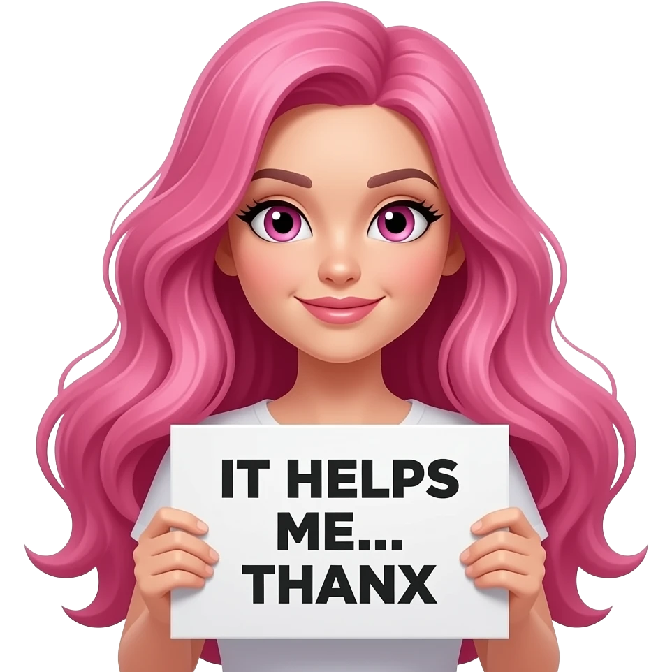 sexy girl with long pink hair and pink eyes wearing a holding a IT HELPS ME... THANX sign emoji