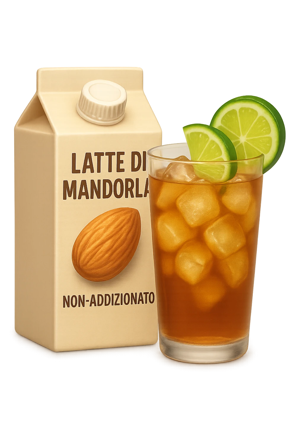 emoji stile iphone di un pacco di latte di mandorla non addizionato accanto ad un bicchiere di vetro di tè freddo con fettine di cetriolo e lime
IPERREALISTICO 4K emoji